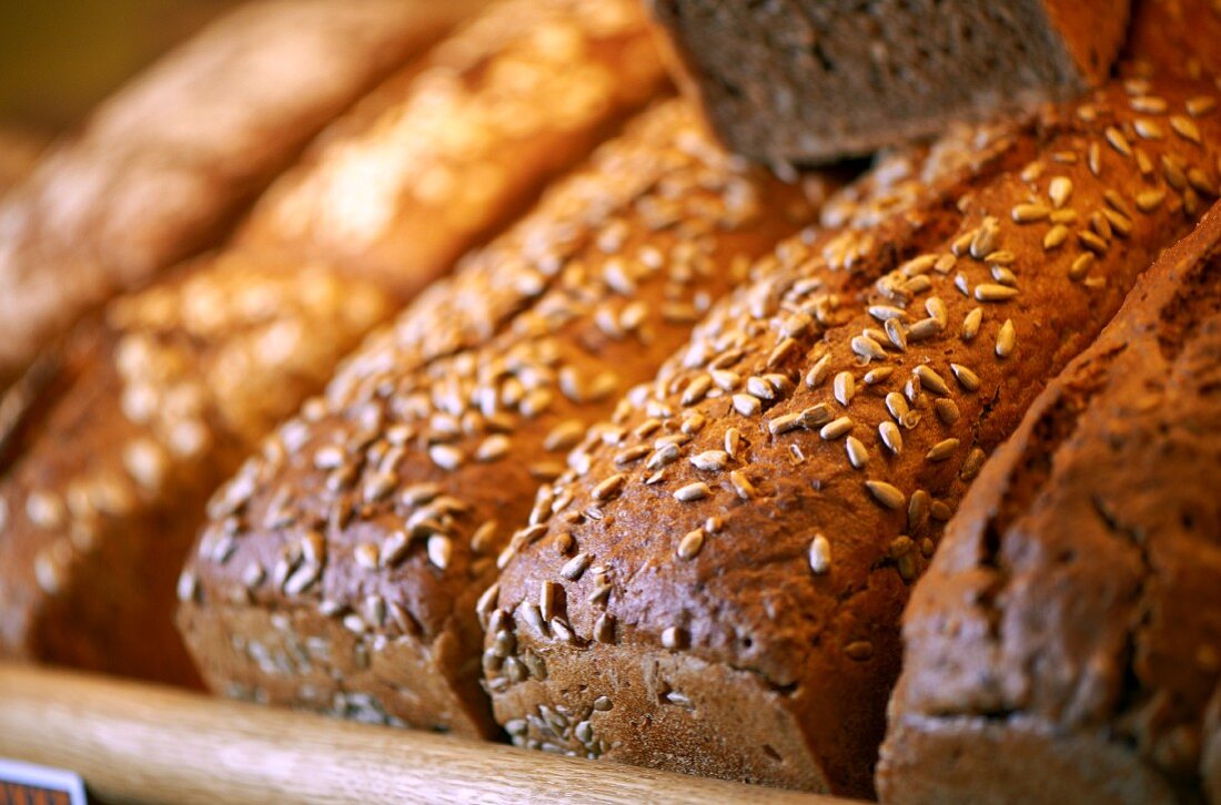 Sunflower bread on a bakery shelf