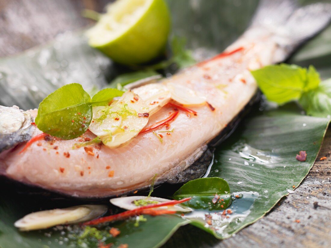 Char fillet with lemongrass and ginger in a banana leaf