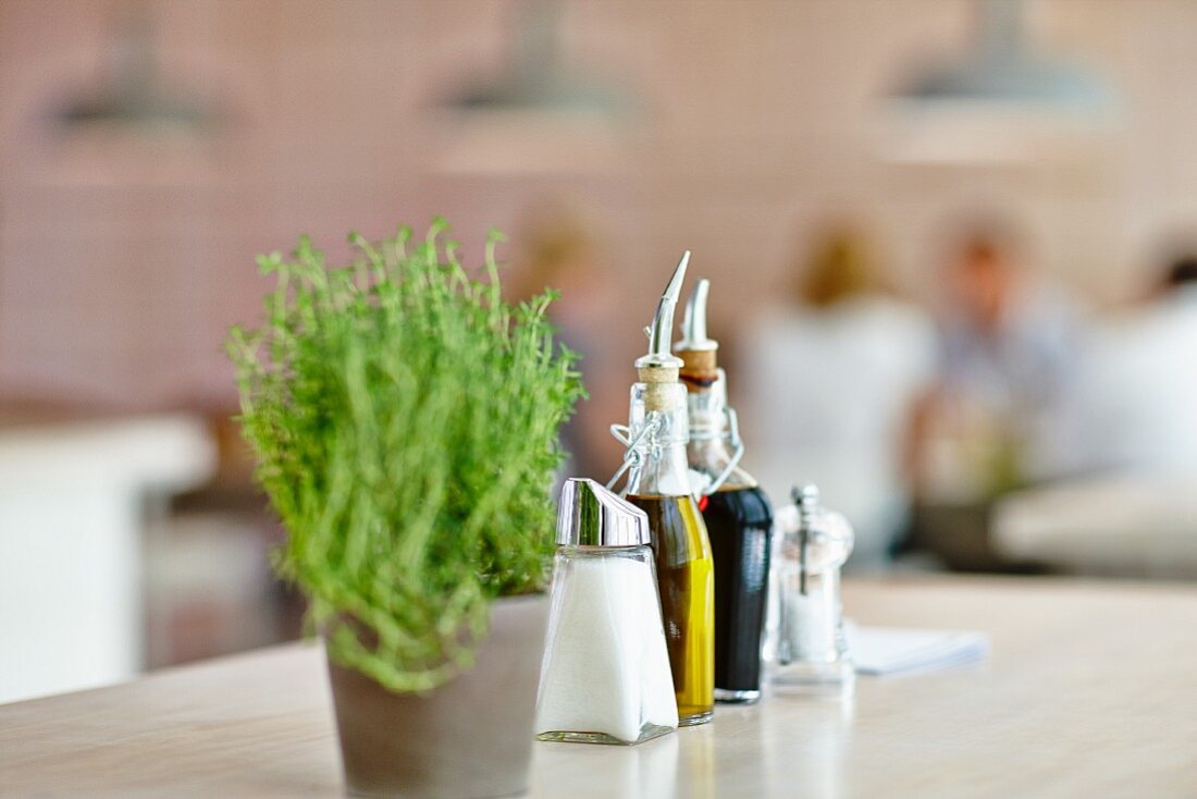 Assorted spices on a restaurant table