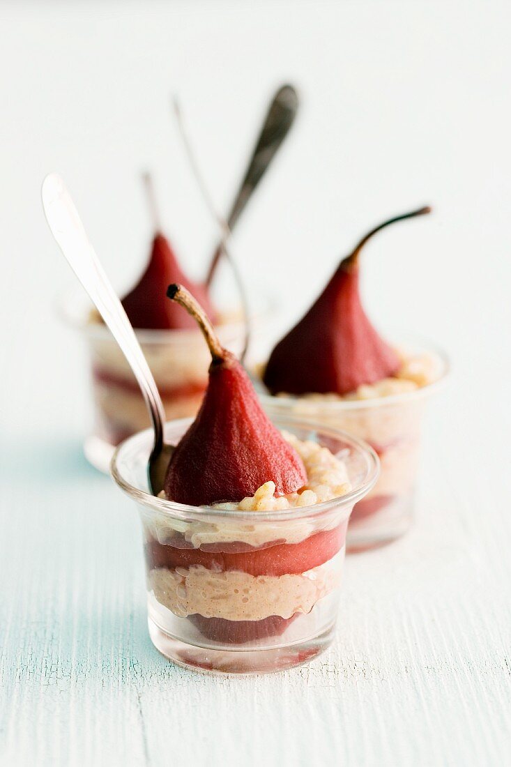 Pears poached in red wine with cinnamon risotto