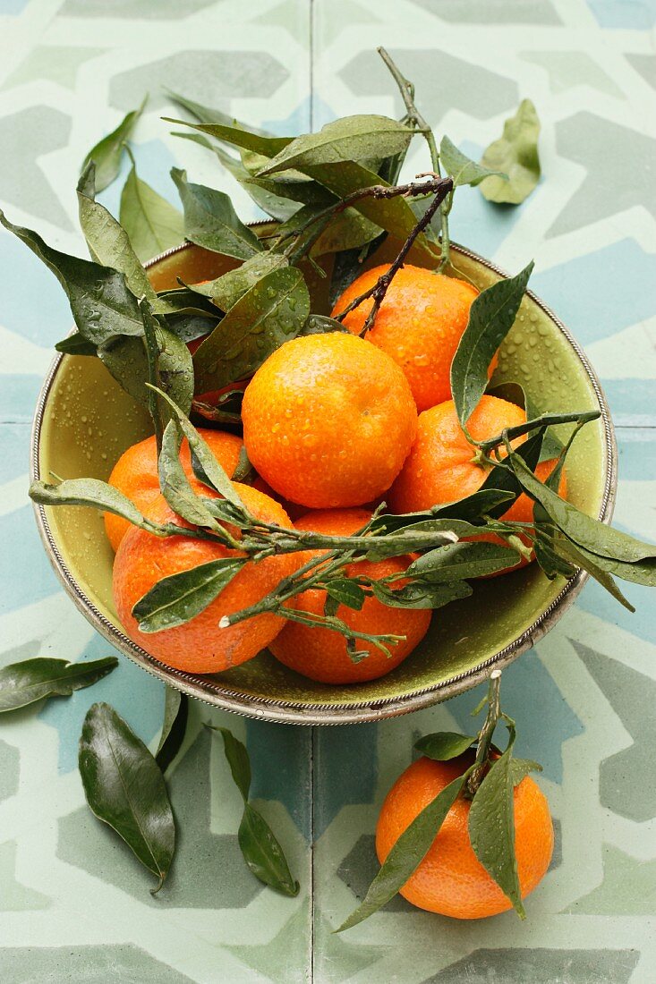 Mandarins with water droplets and leaves in a bowl