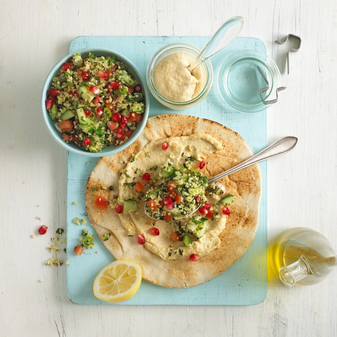 Houmous and tabbouleh on flatbread