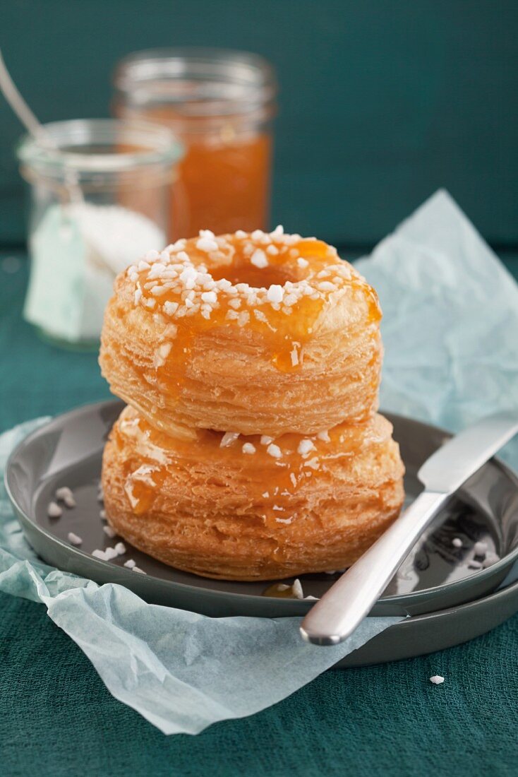 Apricot puff pastry doughnuts with sugar crystals