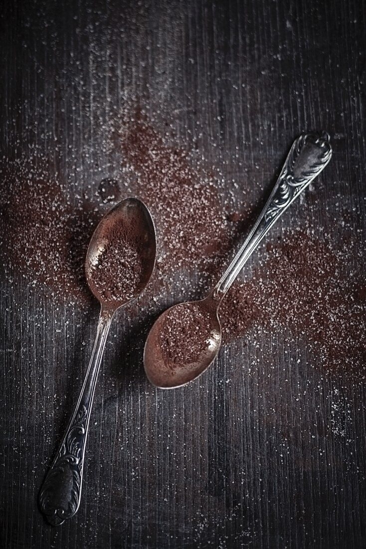 Two teaspoons with cocoa powder on a dark wooden slab