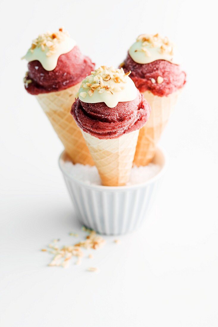 Plum ice cream in wafer cones