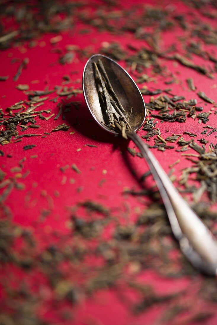 Green tea leaves on a spoon on a red surface