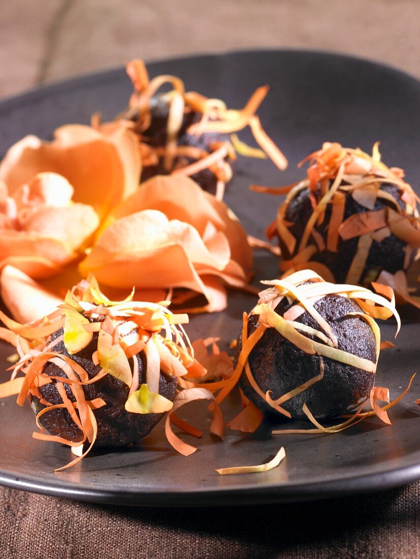 Chocolate balls with rose petals