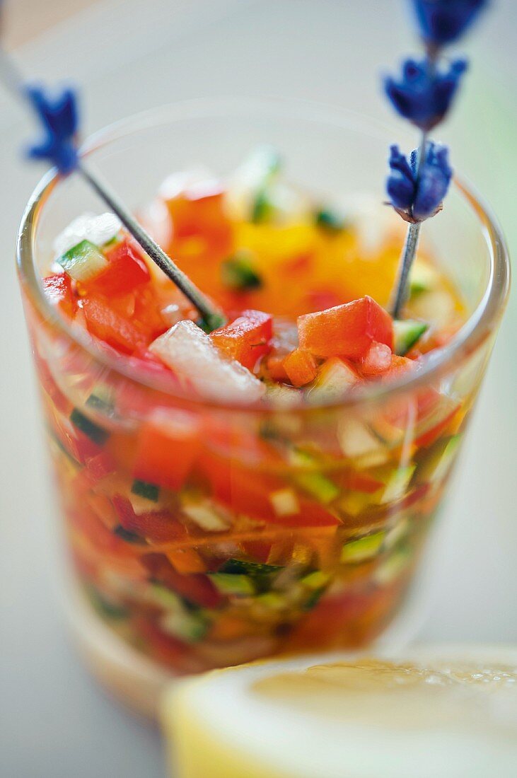Tomato salsa with lavender flowers