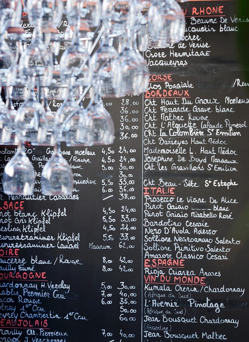 A wine list in a restaurant