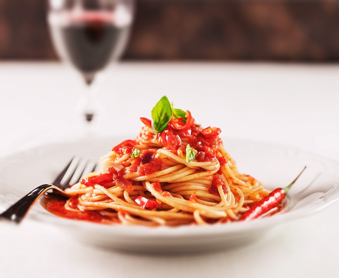 Spaghetti with tomato and chilli sauce