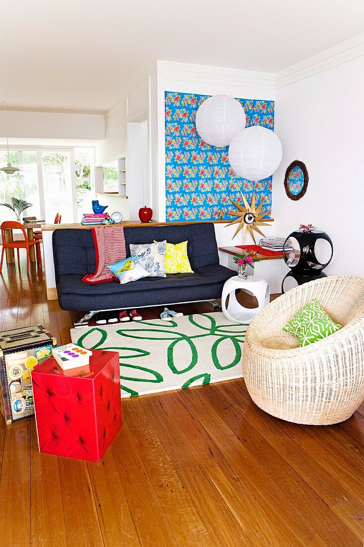 Open living room with a colorful mix of styles