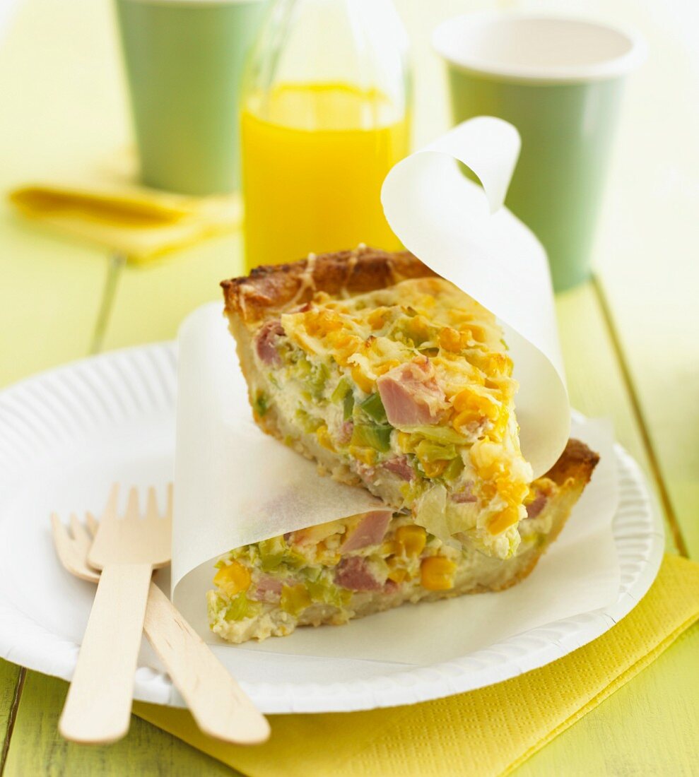 Quiche made with ham, sweetcorn and leek