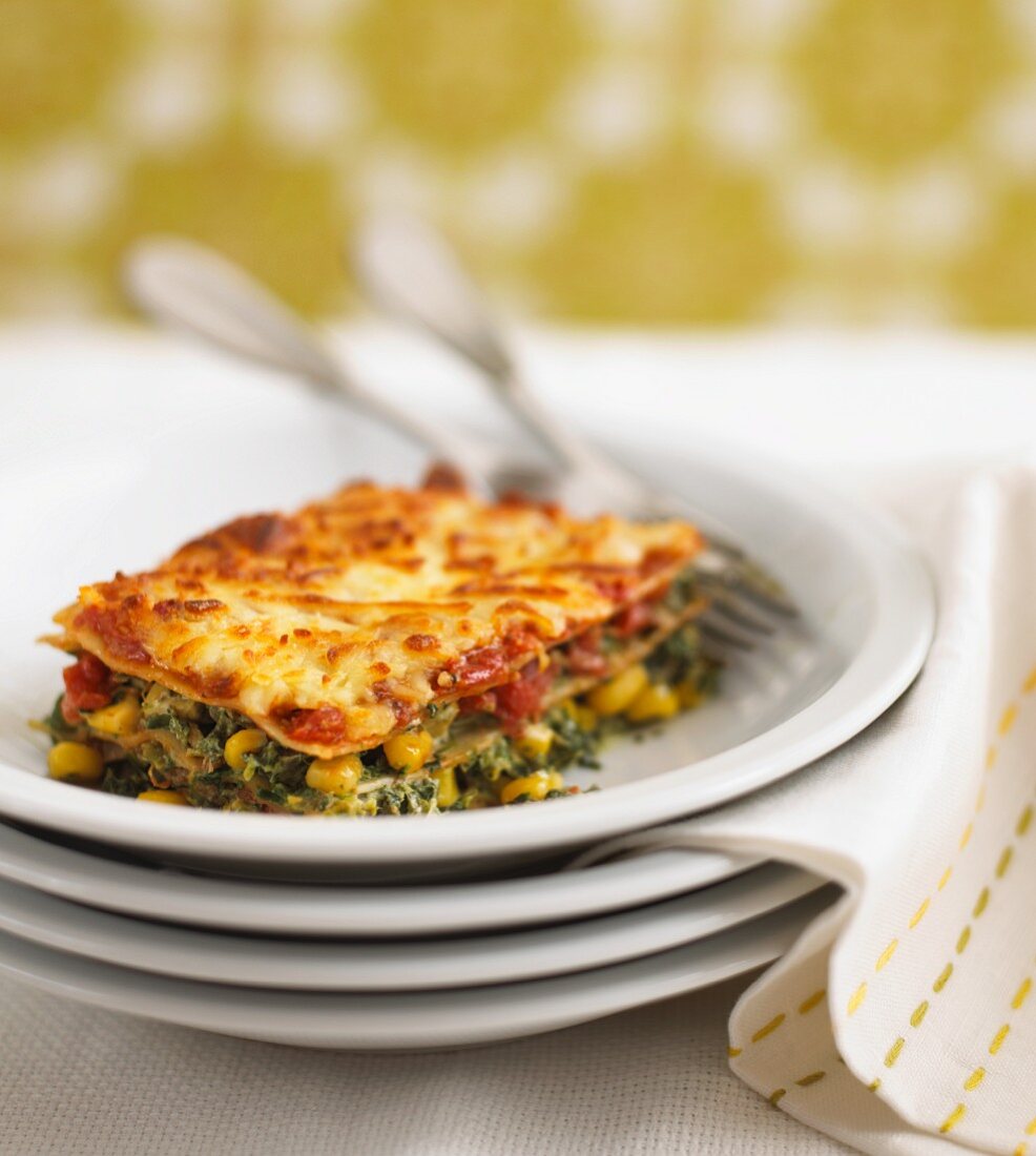 Lasagne made with spinach and sweetcorn