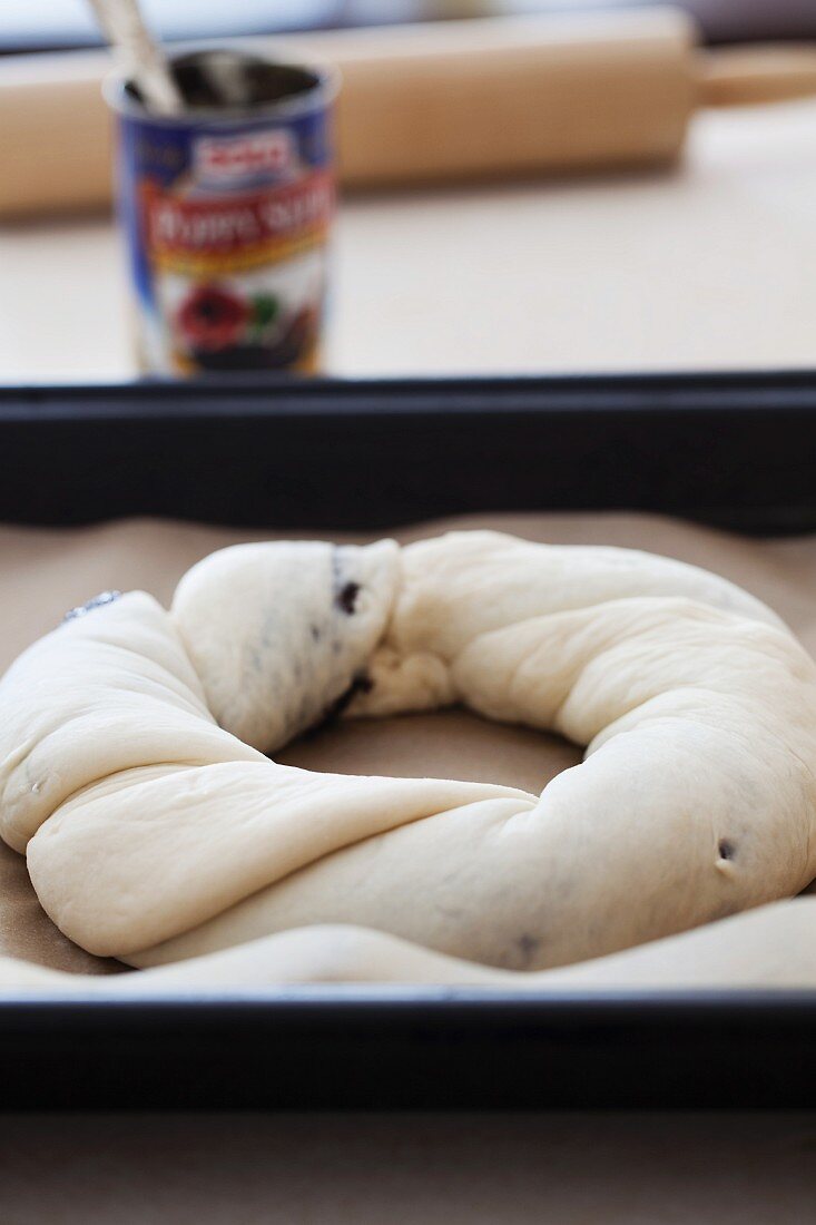 Braided poopy seed bread before baking