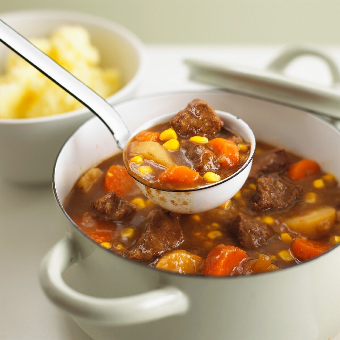 Beef stew with potatoes, sweetcorn and carrots