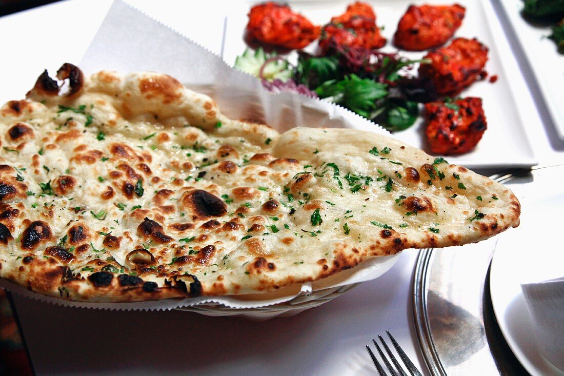 Basket of naan at an Indian restaurant