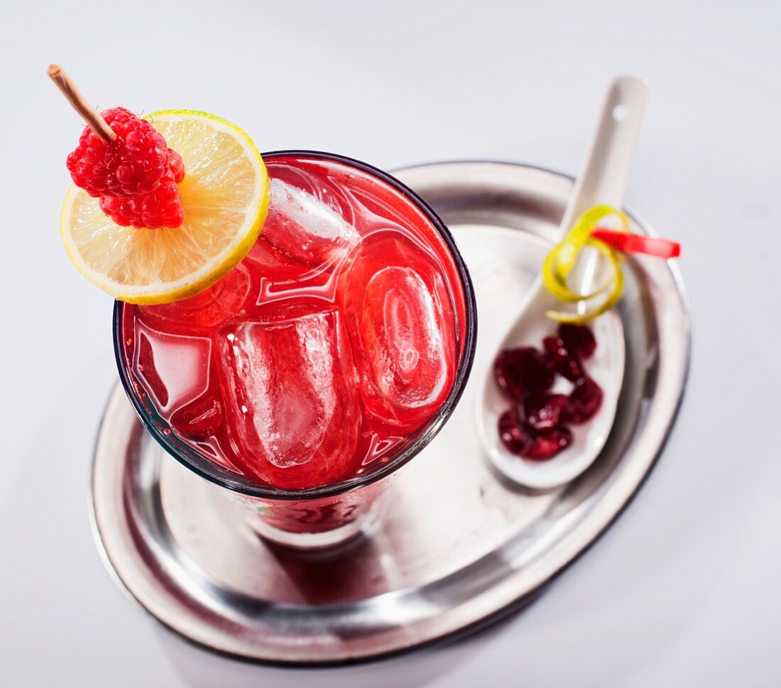 Fruchtcocktail mit Cranberries auf Silbertablett