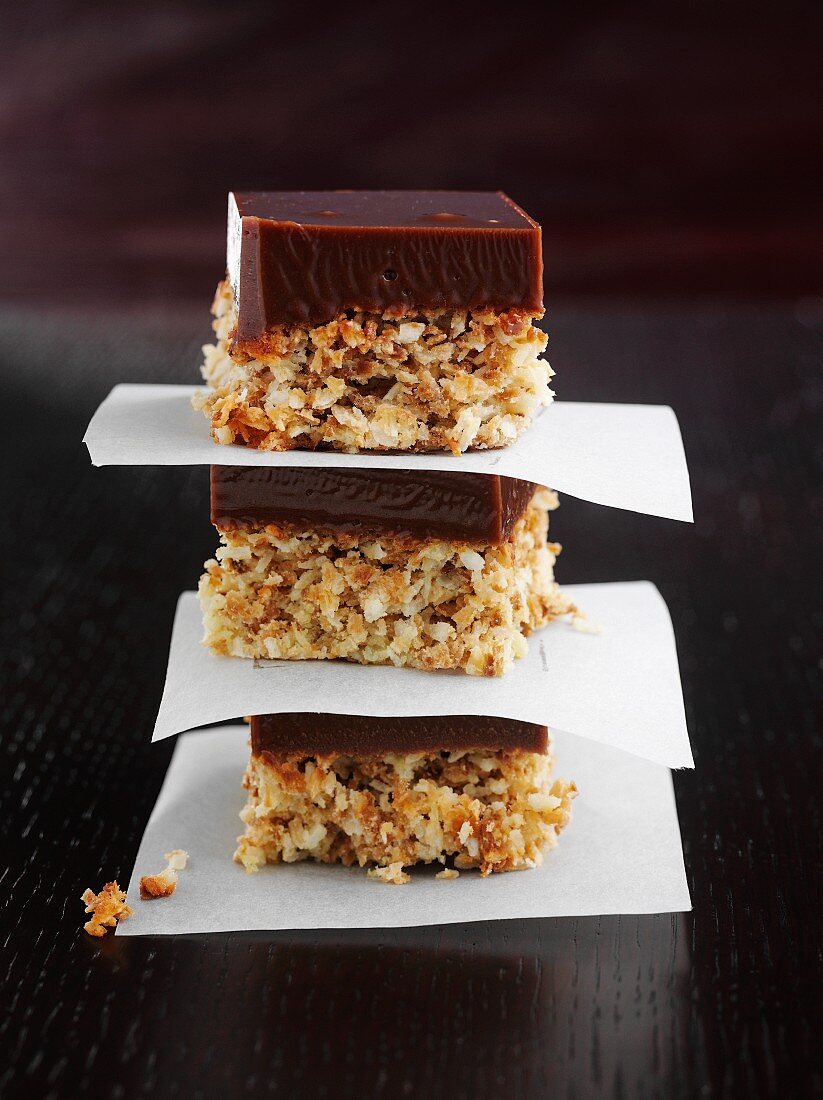 Chocolate coconut slices, stacked