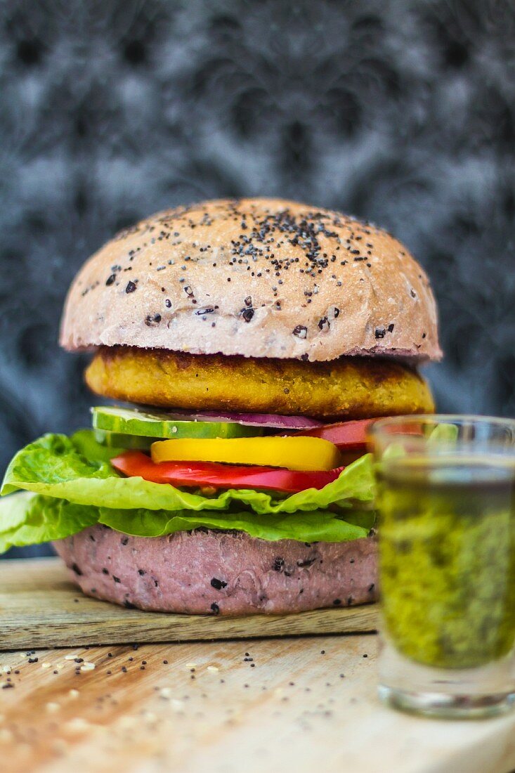 Lentil burger in a roll made from rice flour
