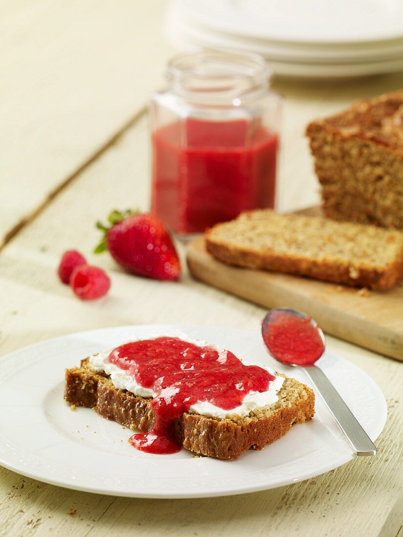 Bread topped with raspberry & strawberry jam