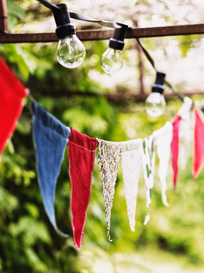 Bunting and string of lights in garden