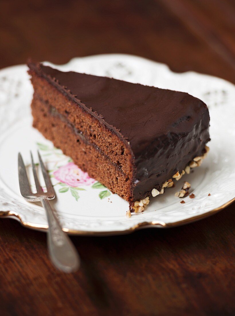 A slice of Sachertorte (rich chocolate cake from Austria)