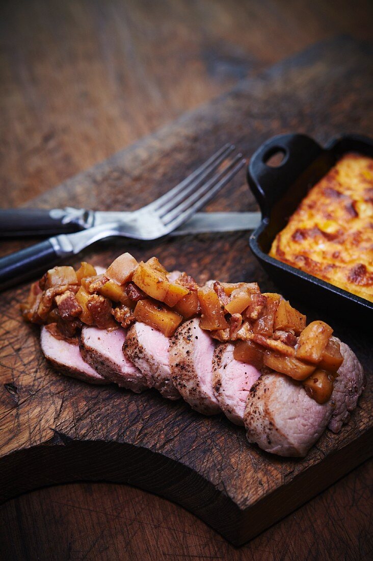 Tea Smoked pork tenderloin with apple chutney, and cornbread