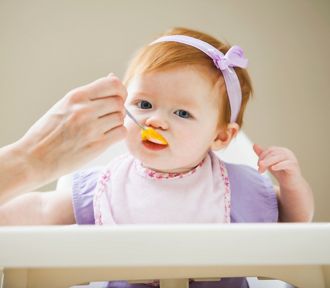 baby being fed looking at viewer