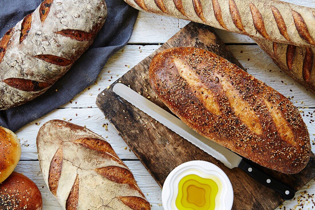 Assorted loaves and olive oil