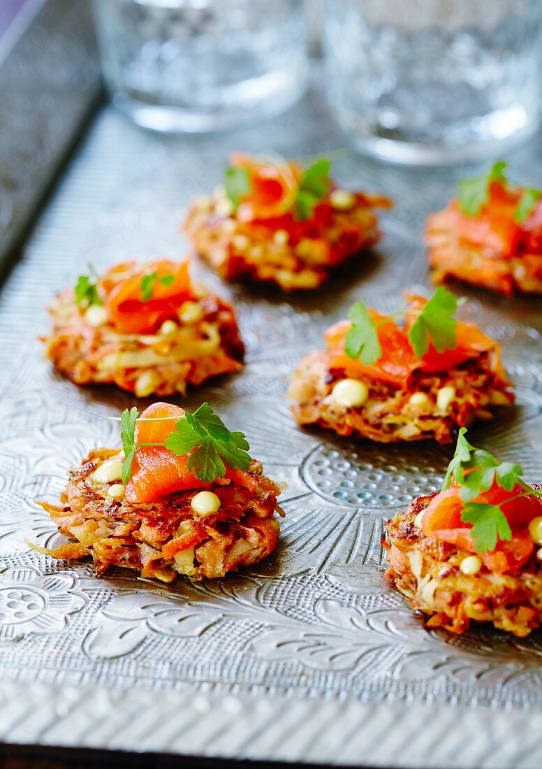 Carrot and sweet potato fritters with smoked salmon