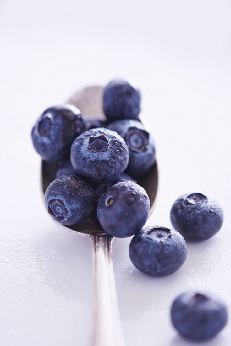 Fresh blueberries on a spoon with water droplets
