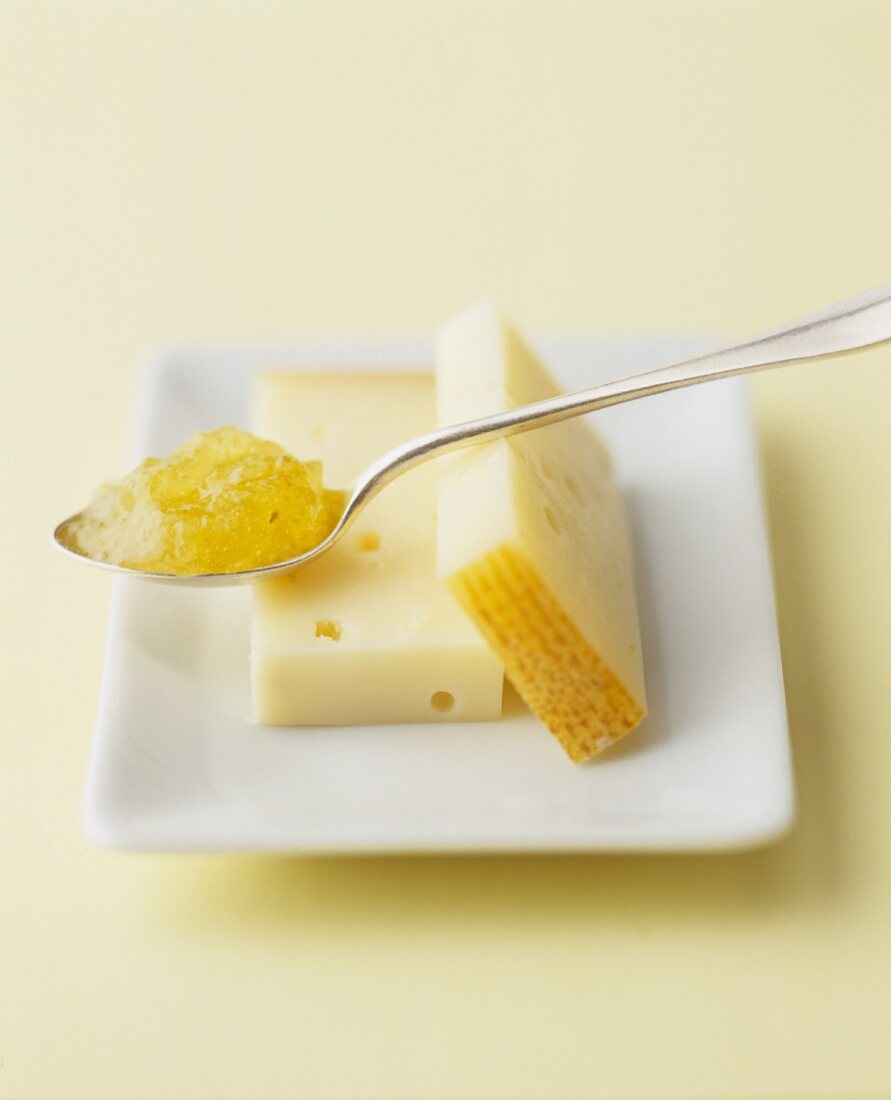 Mountain cheese and a spoon of fig mustard