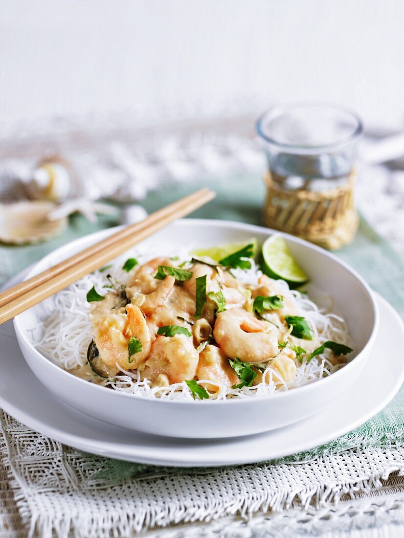 Coconut prawns with lemon grass and rice noodles