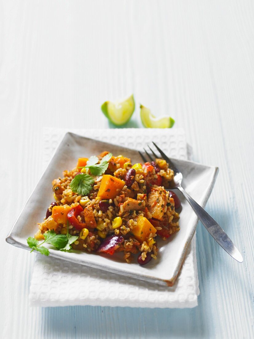 Chicken with rice and beans and sweet potato (Mexico)