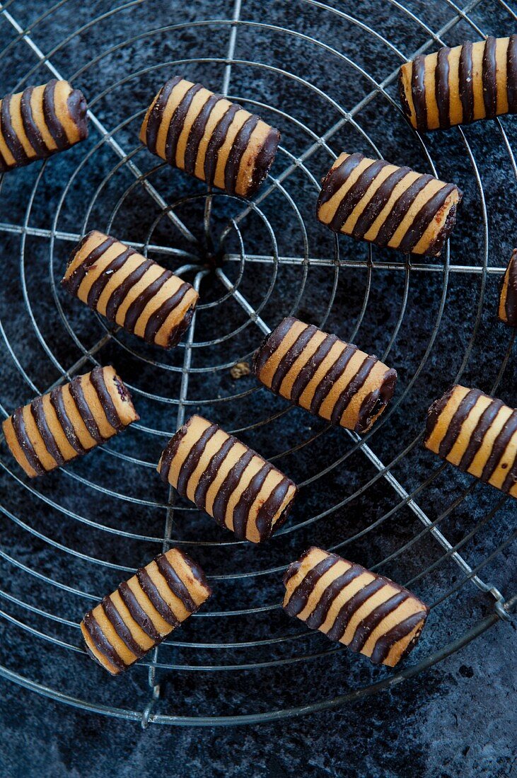 Biscuits decorated with stripes of chocolate, on a cooling rack