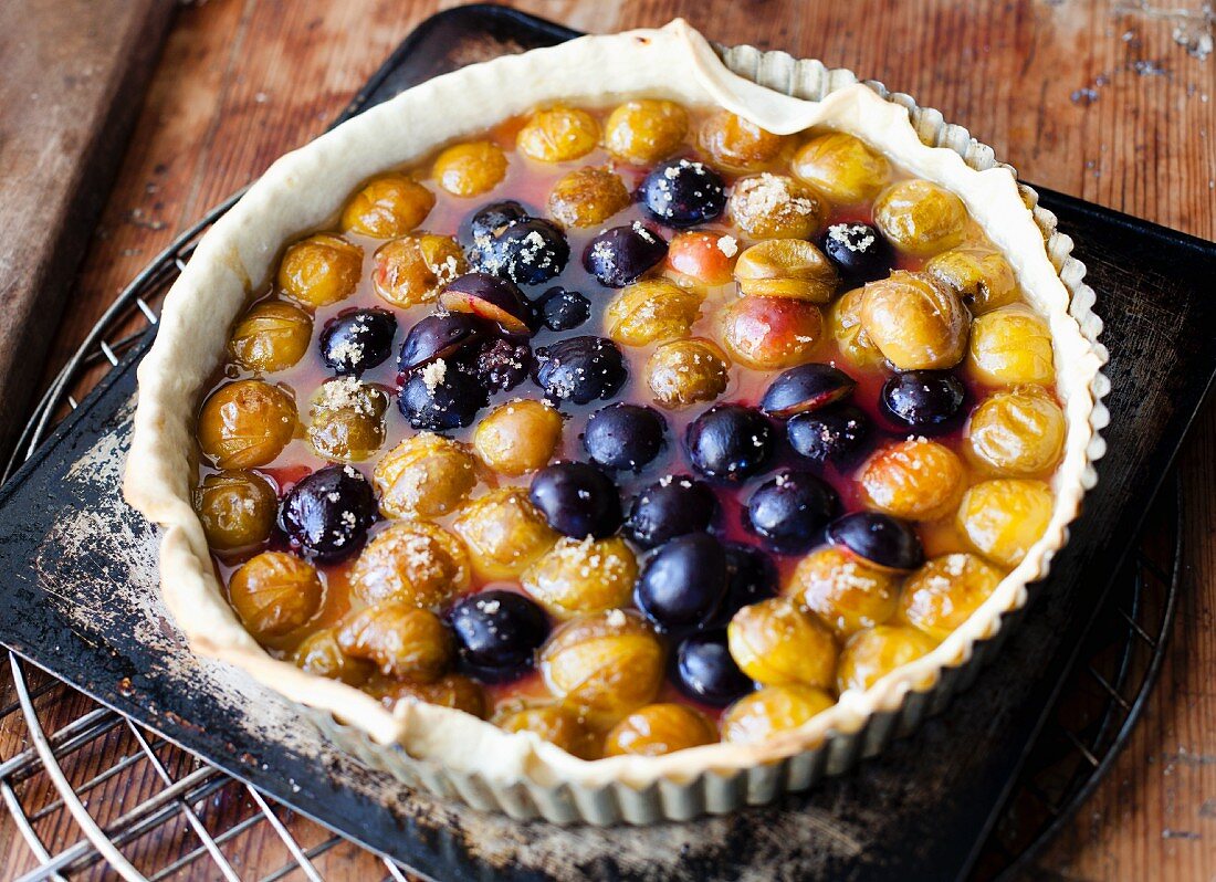 Plum and greengage tart on a baking tray