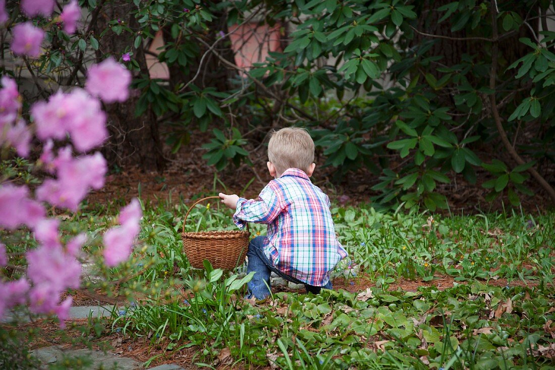 Young Boy With Basket Kneeling in Garden