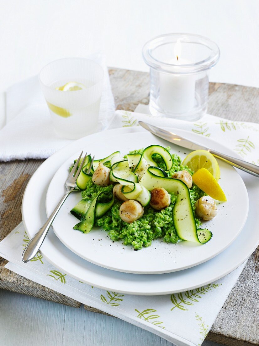 Gebratene Jakobsmuscheln auf Erbsenpüree mit Zucchinistreifen