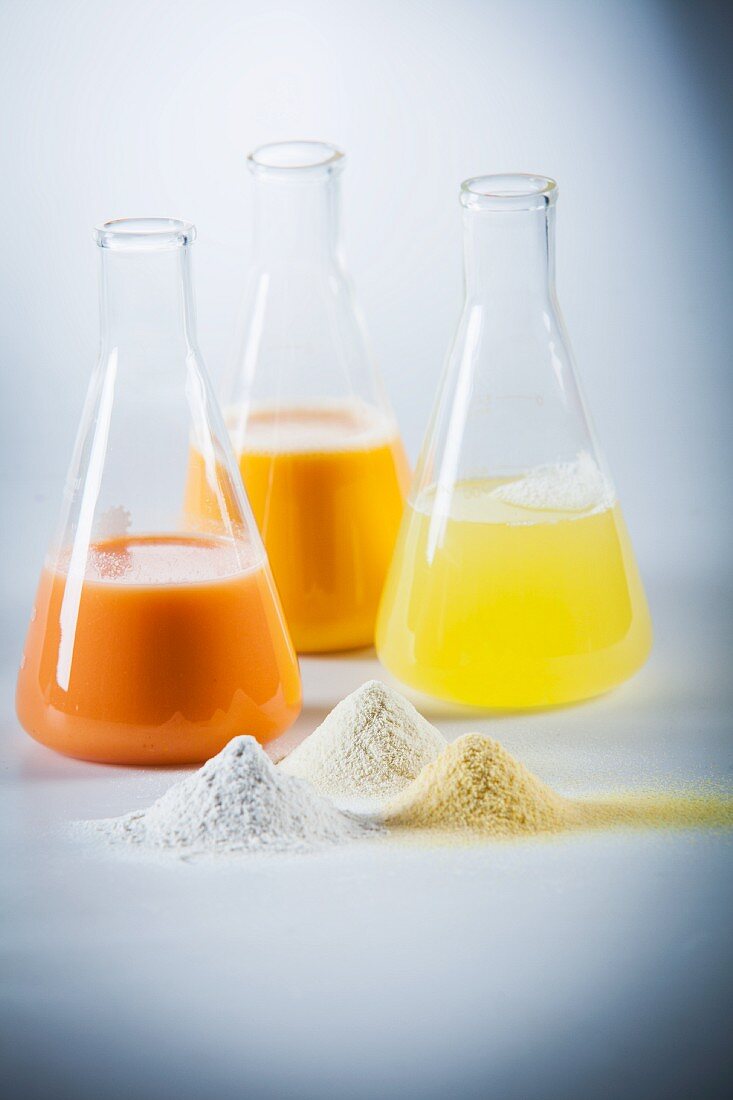 Egg yolk, egg white and mixed egg in laboratory flasks and as powder