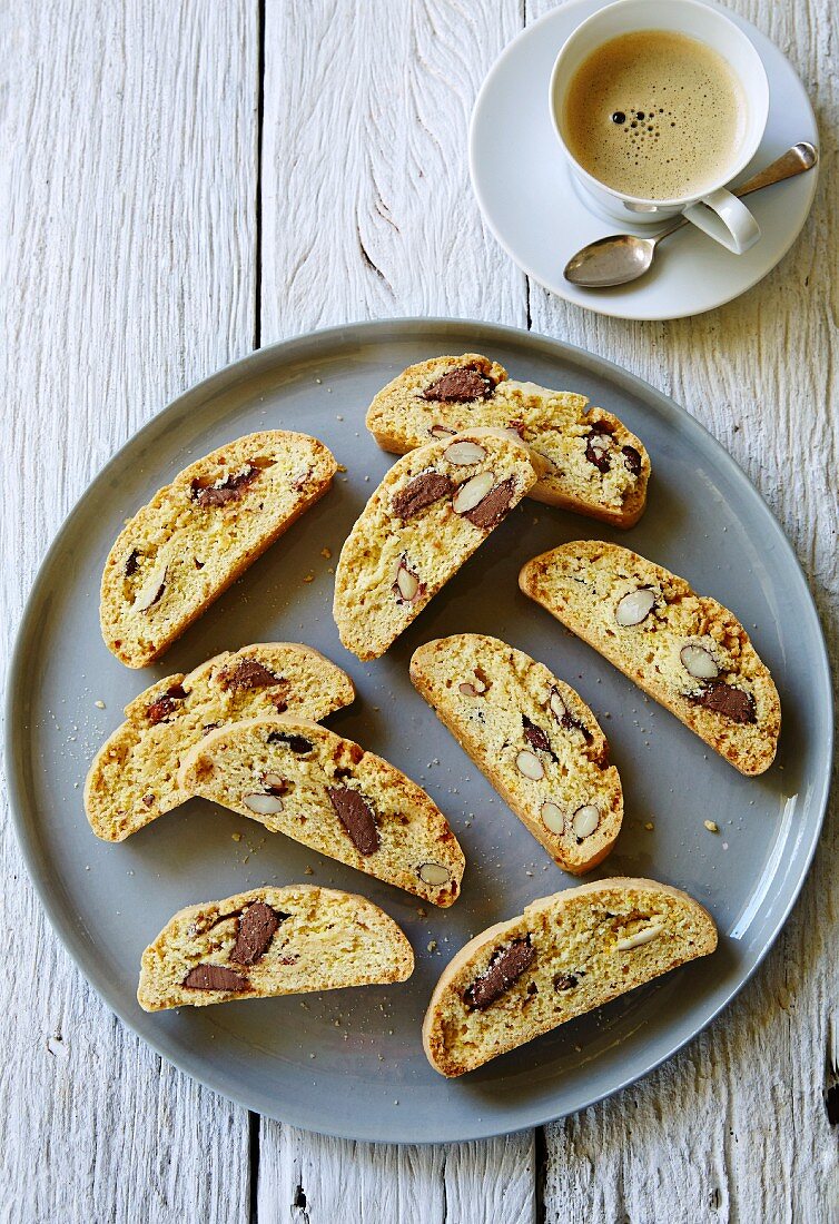 Almond biscotti with milk chocolate, served with coffee