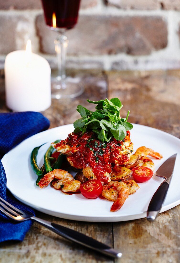 Hähnchen mit Kartoffeln, Garnelen und Tomaten