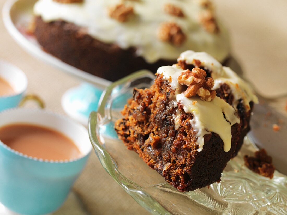 Gluten-free carrot cake with walnuts and sugar glaze