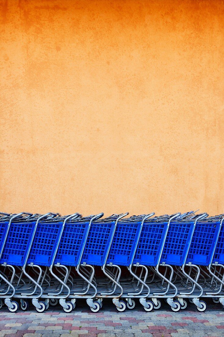 Line of Blue Shopping Carts Against Colorful Wall