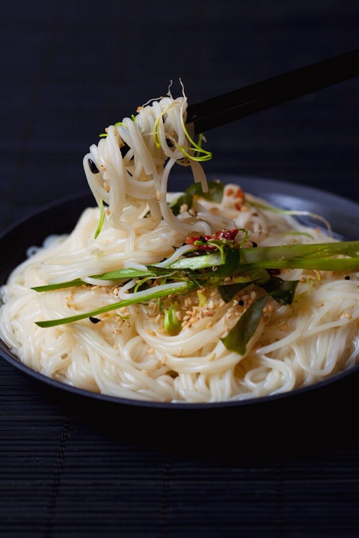 Soba noodles with spring onions and sesame seeds (Asia)