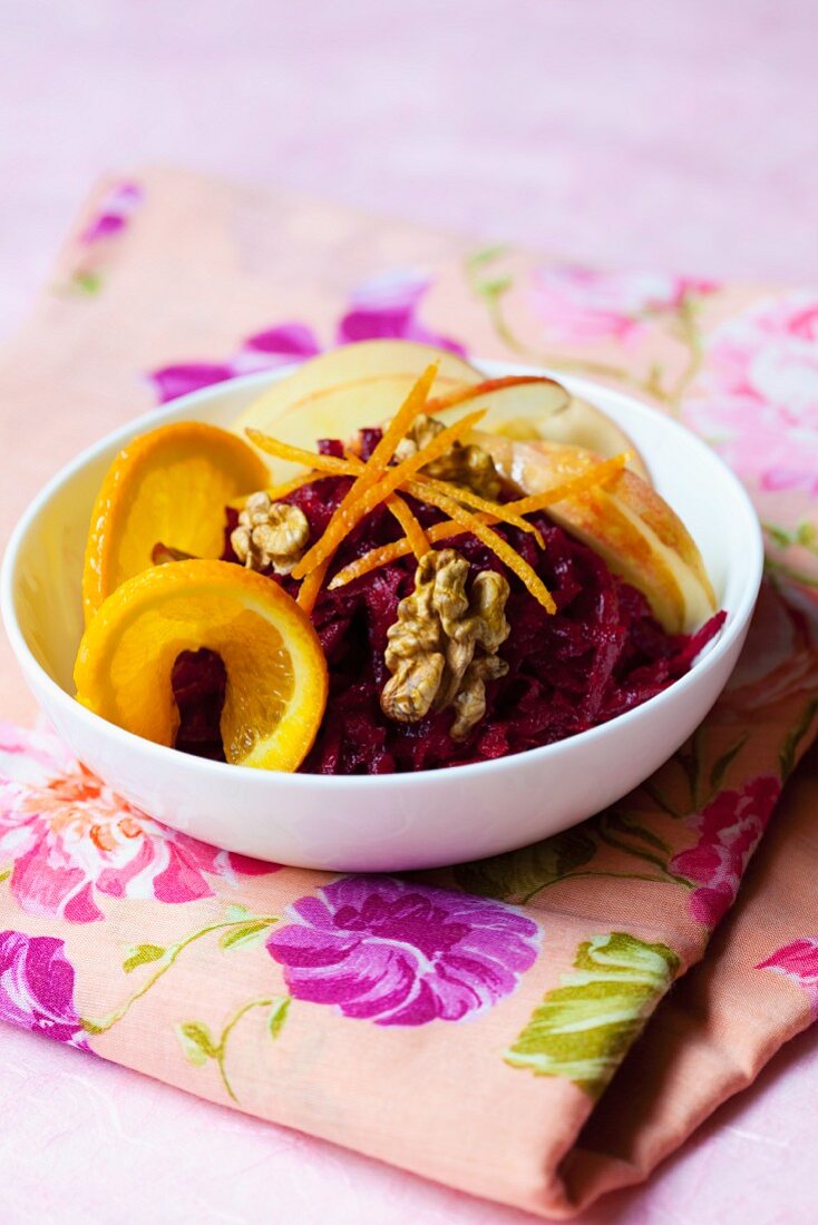 Beetroot salad with apples, oranges and walnuts