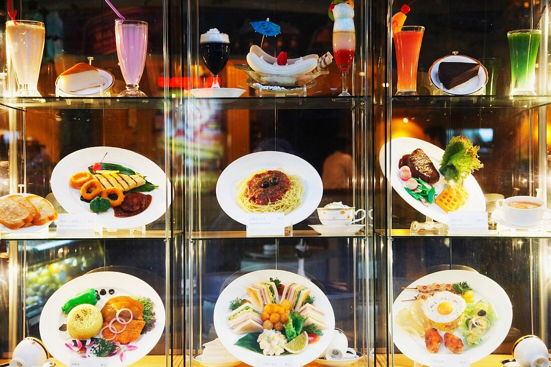 Display case with menu items in restaurant