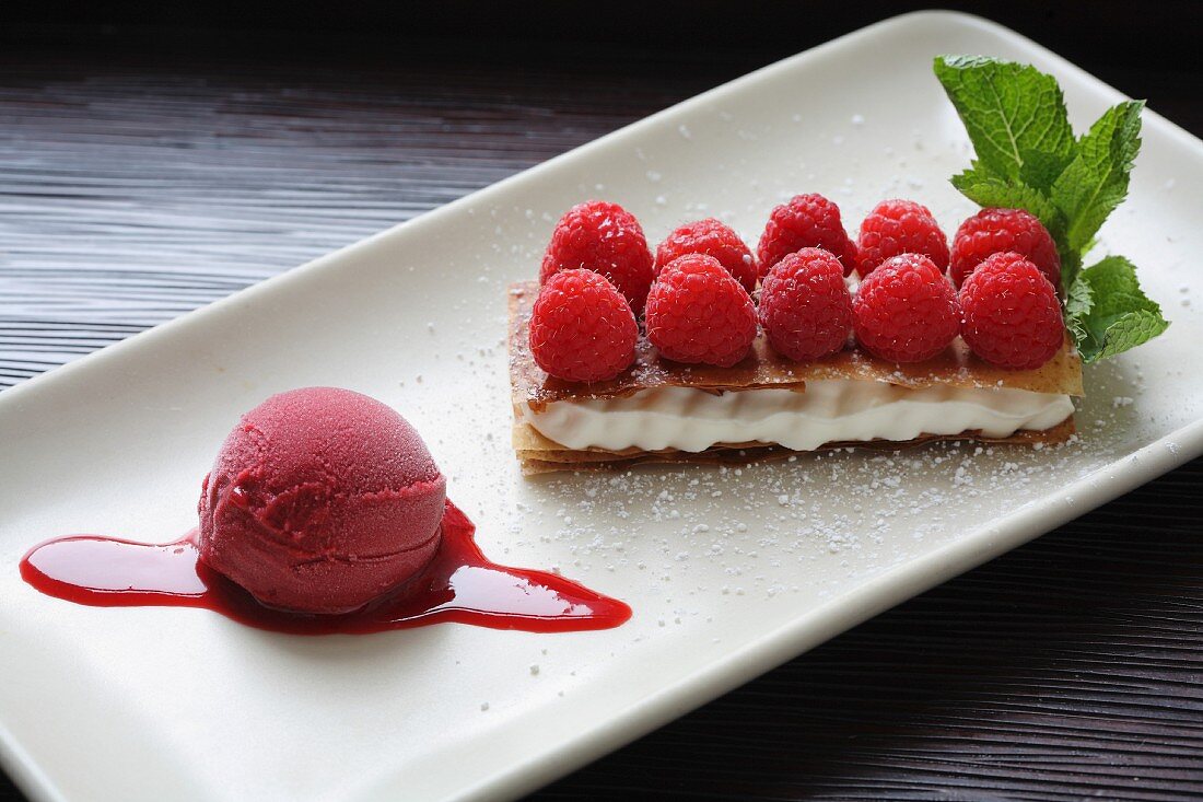 Raspberry Tart and Sorbet on White Plate