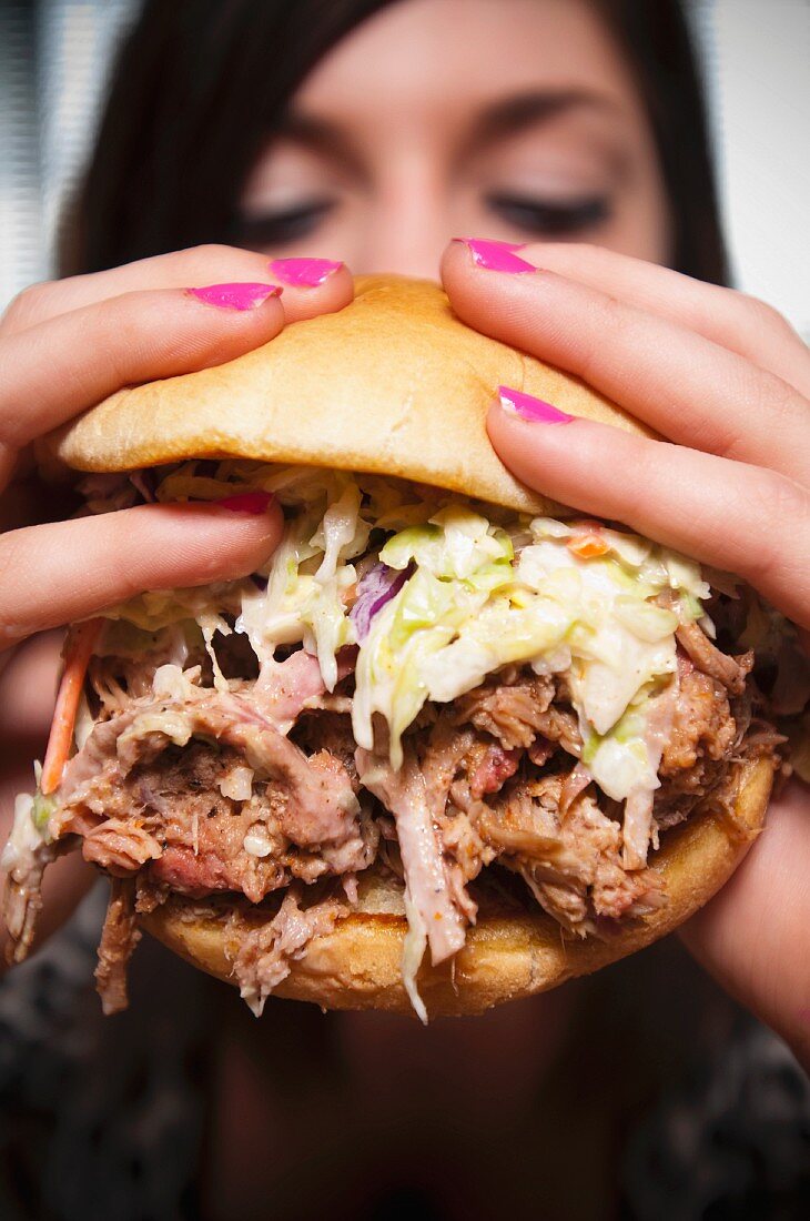 Hands Holding Pulled Pork Sandwich