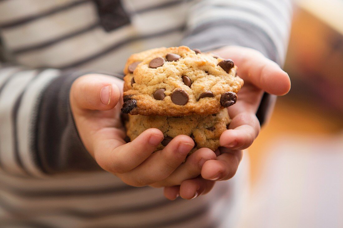 Kinderhände halten Chocolatechip Cookies