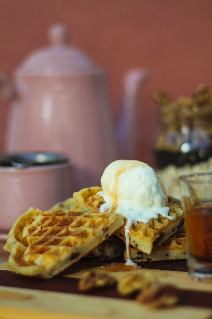 Gluten-free waffles with vanilla ice cream and agave syrup